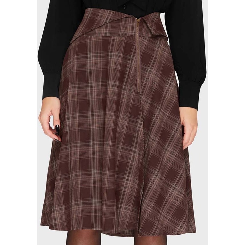 Killstar Morning Meadow Brown Tartan Plaid Midi Skirt Gothic Grunge L